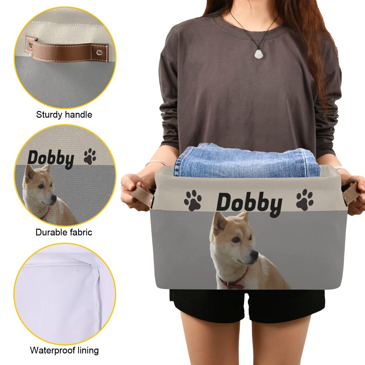 Cesta de almacenamiento personalizada para juguetes para perros, cesta plegable para juguetes para mascotas con asas de cuero, organizador de