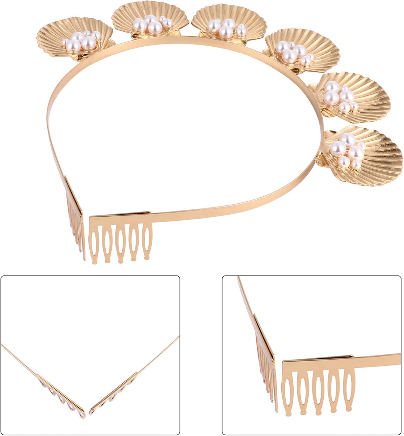 Minkissy Diadema de perlas de concha dorada, corona de conchas de mar, tiara de perlas de diosa con peine para mujeres y niñas, boda, Navidad,