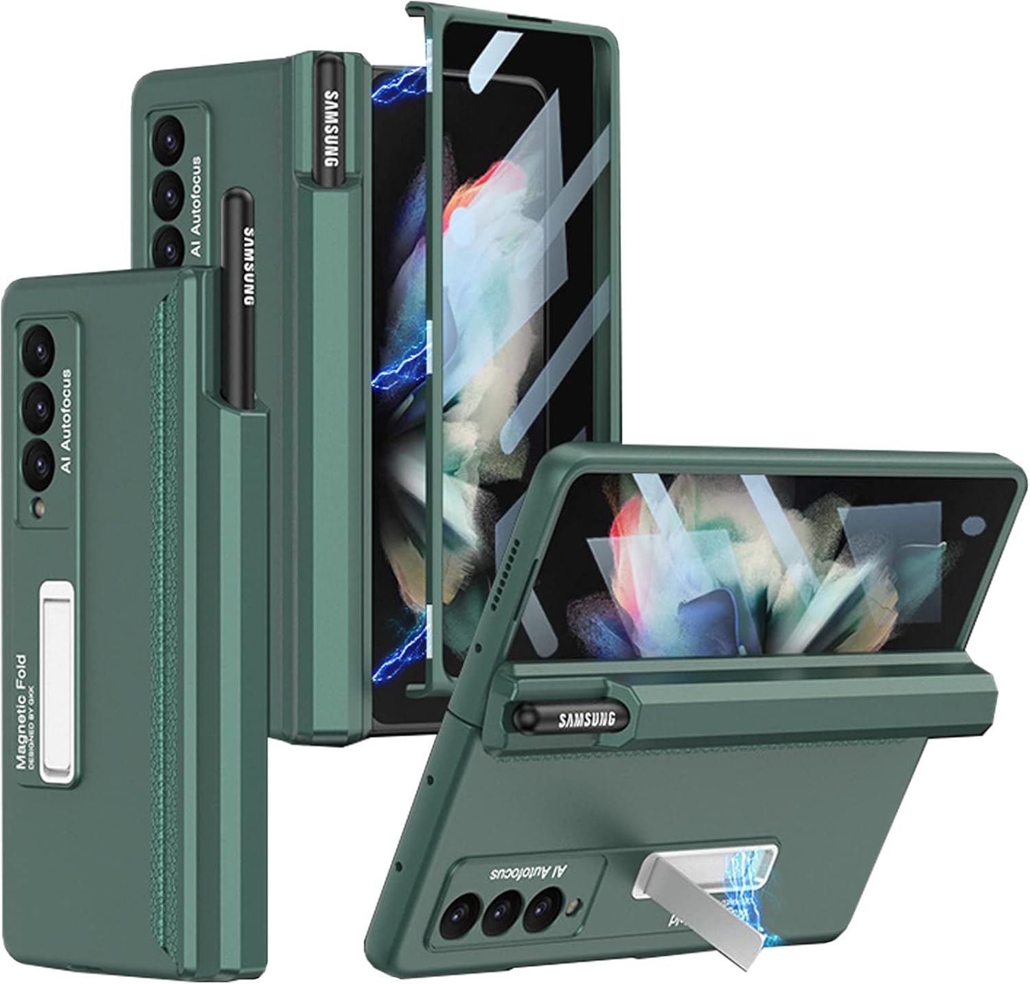 Miimall Funda compatible con Samsung Fold 3 con soporte para bolígrafo S, protector de pantalla integrado, protección magnética de bisagra, soporte