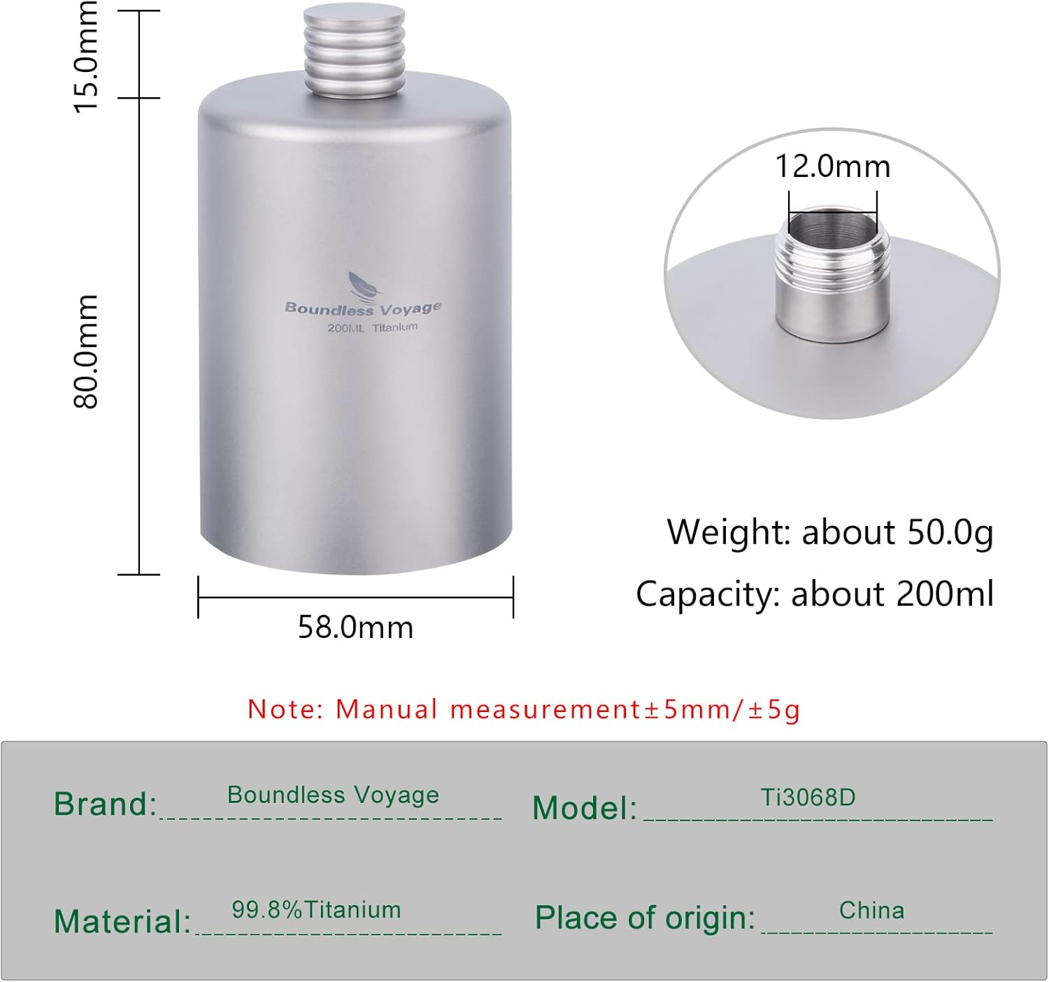 iBasingo 6.8 fl oz Titanio Pocket Flagon Camping Portátil Alcohol Botella Bebida Deportes Al Aire Libre Frasco de la Cadera Picnic Botella de Vino