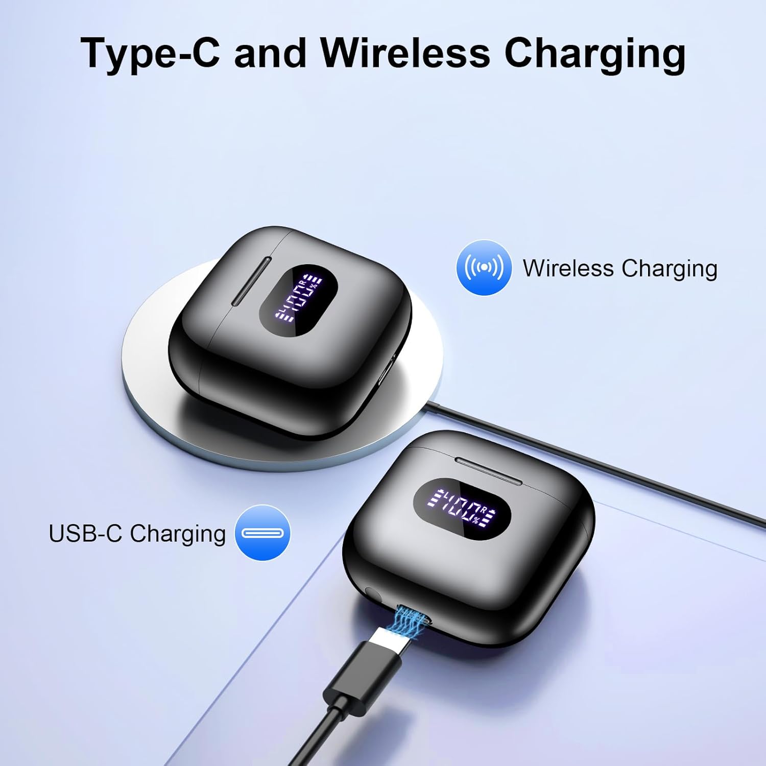 Auriculares inalámbricos, auriculares Bluetooth V5.3, auriculares con batería de 48 horas de larga duración pantalla de alimentación LED, bajo