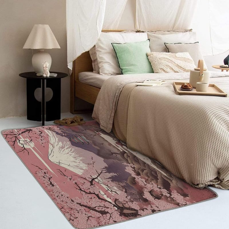 Alfombras lavables para sala de estar, dormitorio, alfombra japonesa y decoración del hogar, flor de cerezo y monte Fuji, alfombra de área de 6 x 9