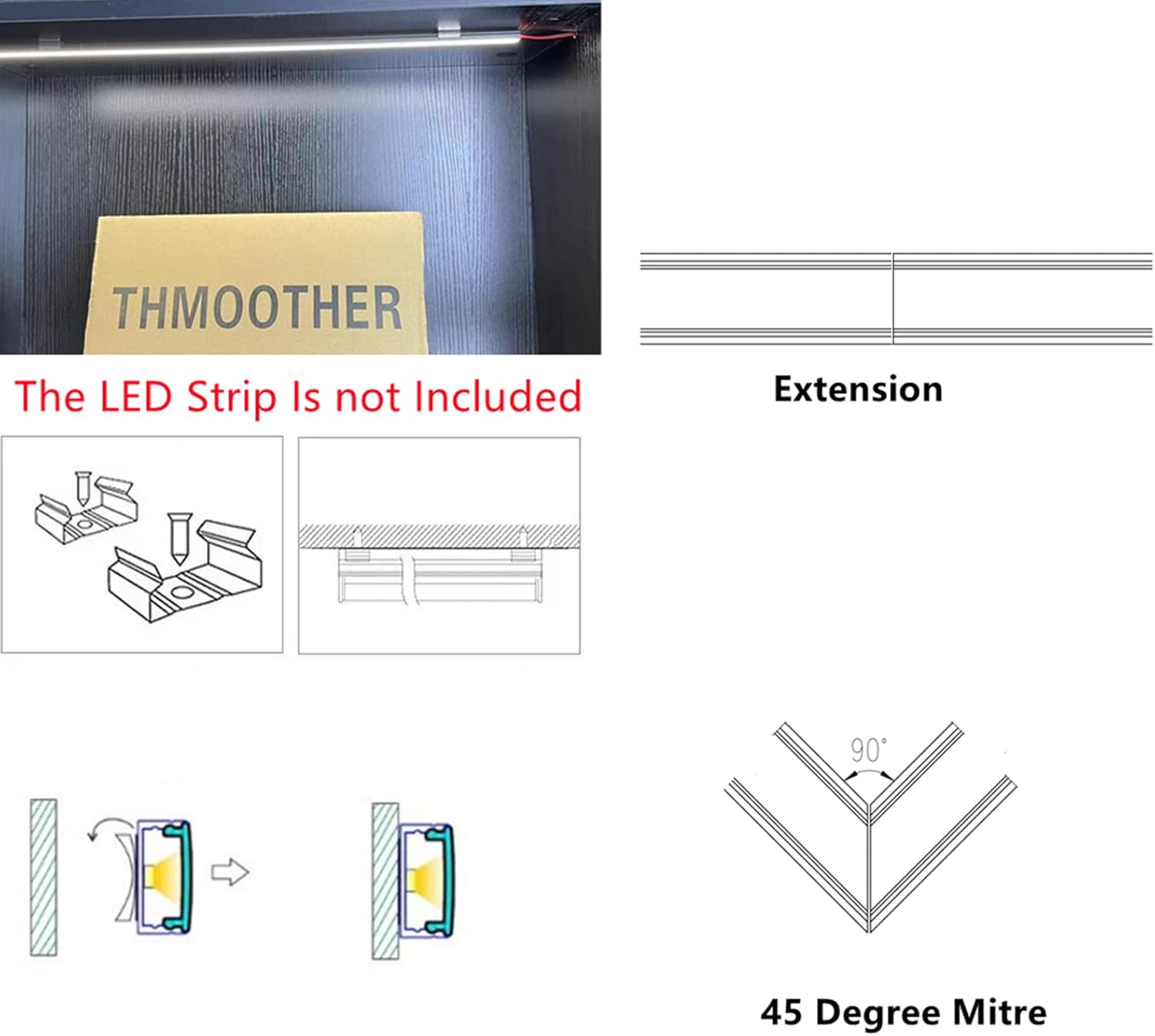 THMOOTHER Paquete de 6 tiras LED de aluminio montadas en superficie de 16 pulgadas con difusor anti UV, mejora tu iluminación con estilo y