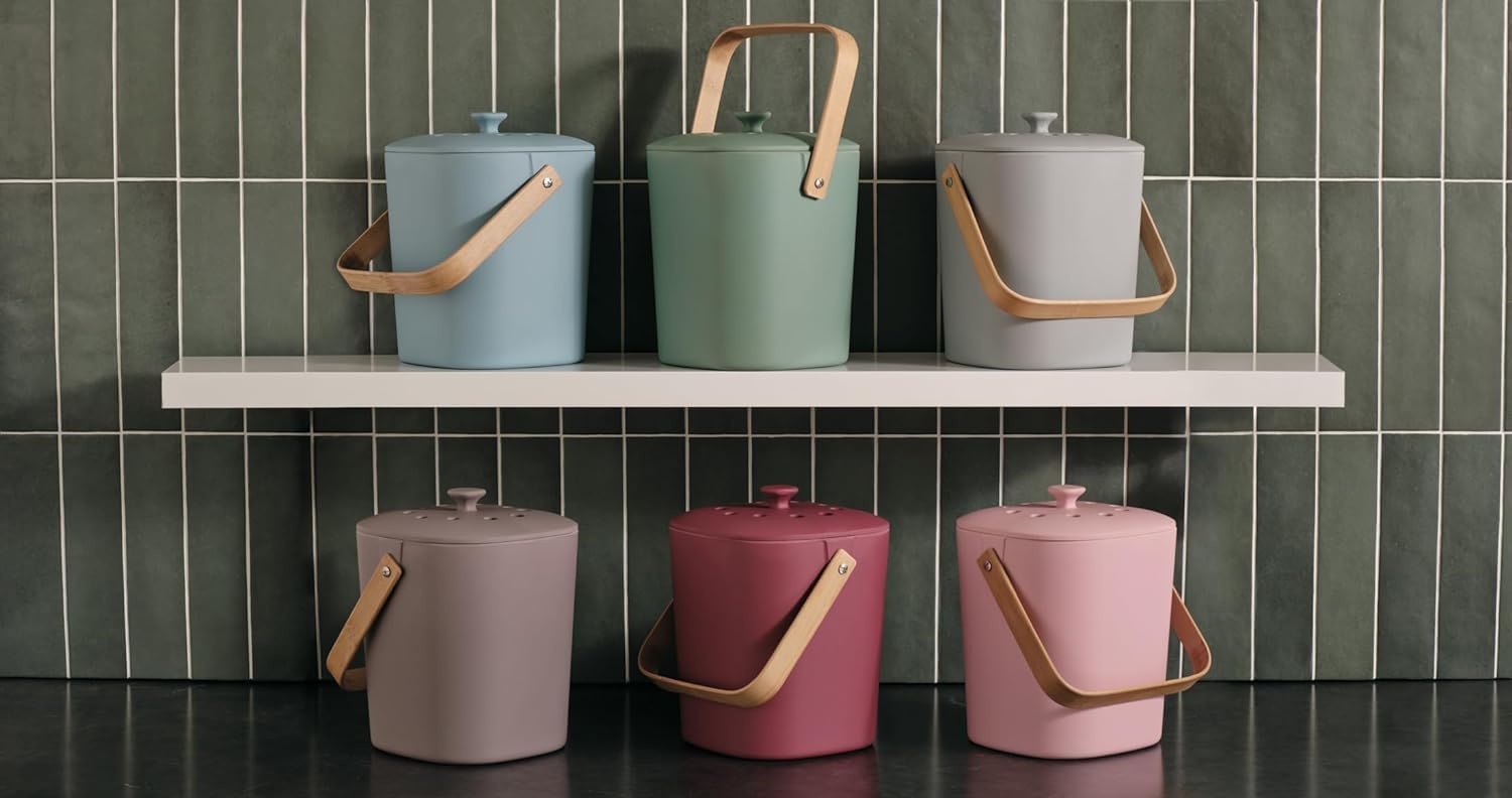 Bamboozle – Contenedor de compostaje, compostador de encimera interior que incluye 2 filtros de carbón, fibra de bambú sostenible (granada)