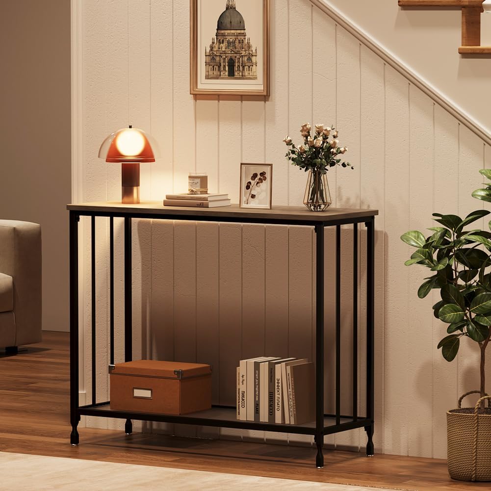IDEALHOUSE Mesa consola, mesas de sofá, mesa de entrada estrecha con estante de vidrio y marco de metal, mesa de pasillo industrial de 33.5 pulgadas