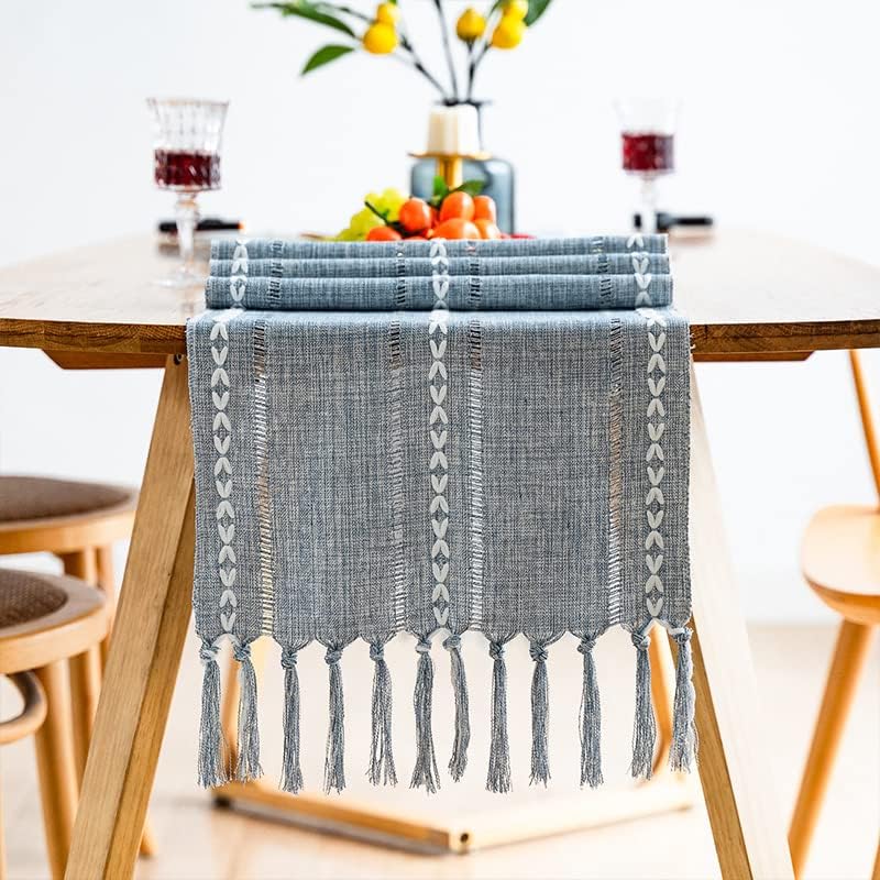 Camino de mesa retro de lino de algodón tejido a mano con borlas, perfecto para decoración del hogar de boda, mesas de comedor, antiestático, camino
