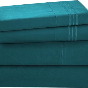 Juego de sábanas de tamaño matrimonial color verde azulado, juego de sábanas bajeras y fundas de almohada, 4 piezas de microfibra suave y Juego de sábanas de tamaño matrimonial color verde azulado, juego de sábanas bajeras y fundas de almohada, 4 piezas de microfibra suave y