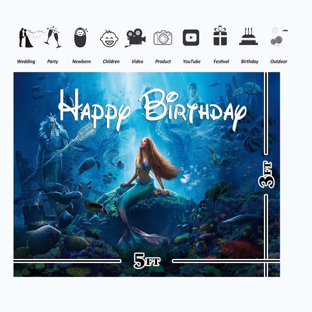 Telón de fondo de vinilo con texto en inglés “Little Mermaid 2023”, 5 x 3 pies, diseño de princesa de feliz cumpleaños, baby shower bajo el mar,