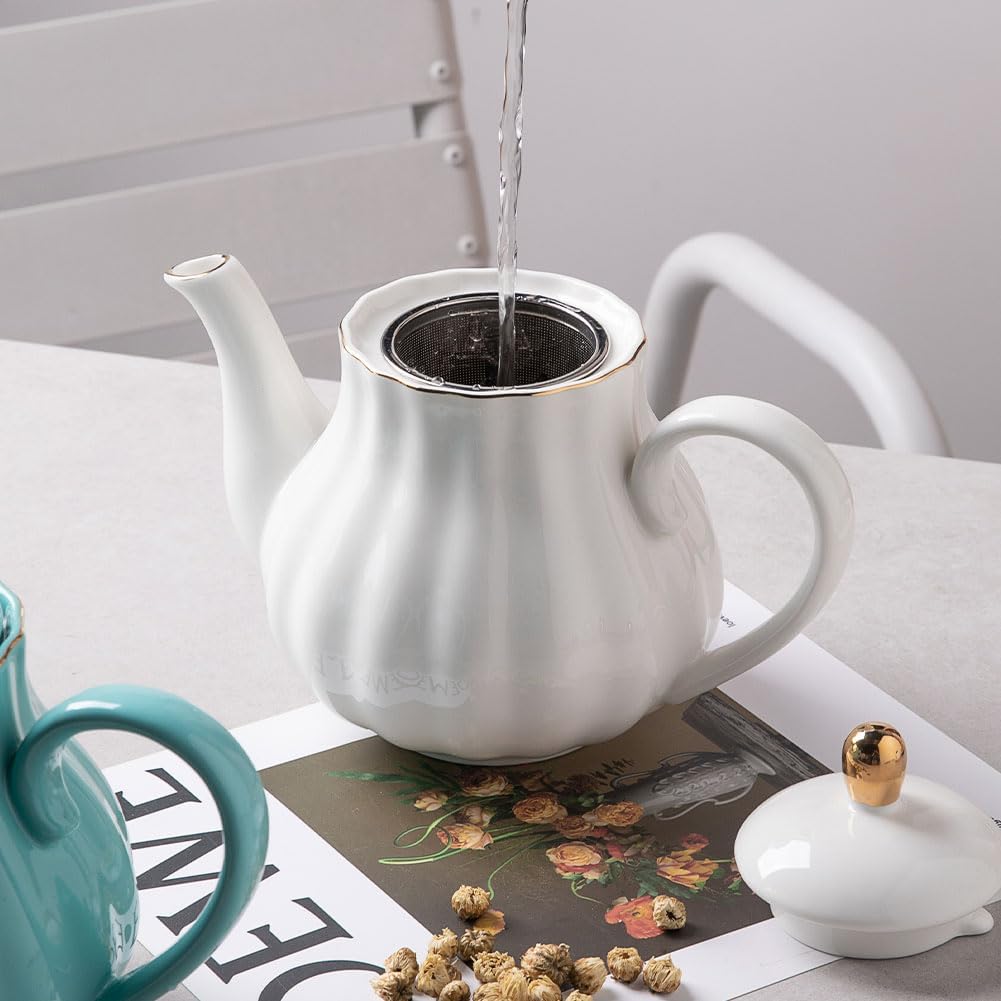 Sweejar Royal Teapot, tetera de cerámica con infusor extraíble de acero inoxidable, tetera de hojas sueltas y florecientes, 40 onzas (blanco)