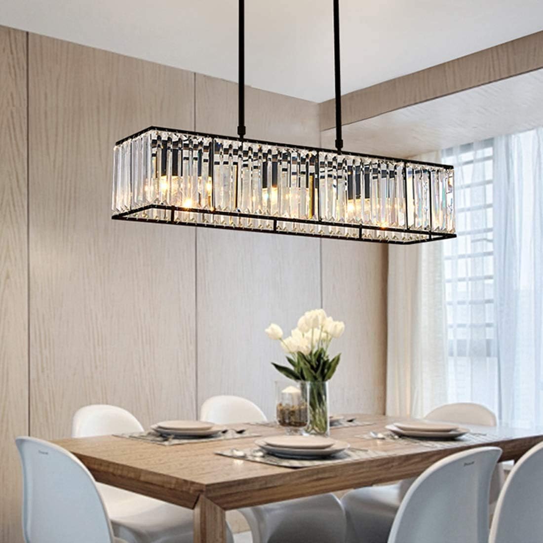 Siljoy Candelabro rectangular moderno de cristal, 5 luces, color negro, rectangular, con forma de gota de lluvia, lámpara de techo colgante lineal