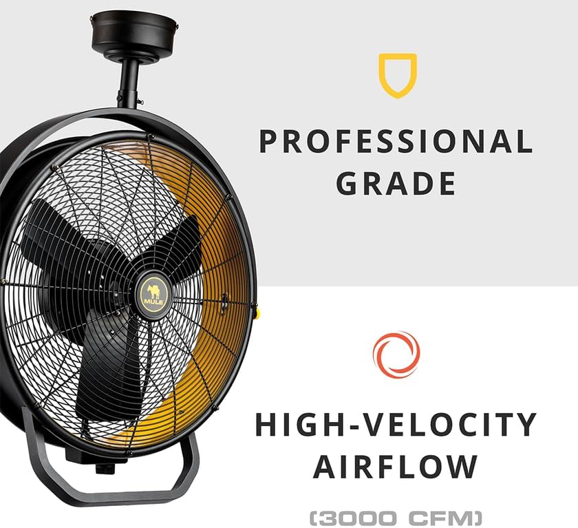 Mule 52007-45 Ventilador de garaje con cable enchufable montado en el techo de 18 pulgadas de 3 velocidades sin control remoto – negroamarillo