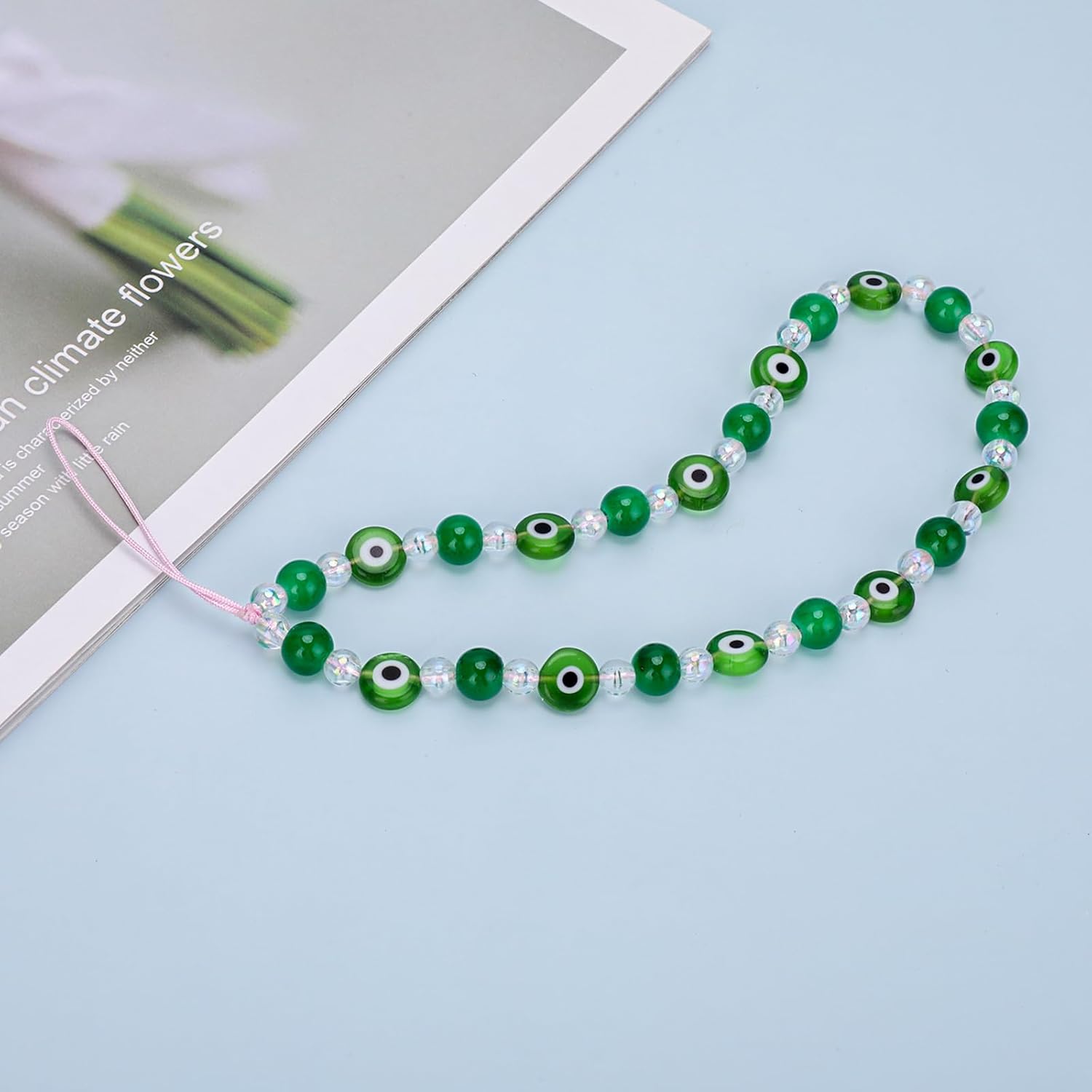 simarro Dije de teléfono contra el mal de ojo, cristal verde con cuentas de ojo de diablo con cuentas para teléfono, correa de muñeca para teléfono