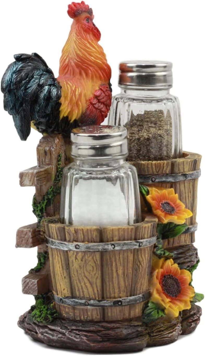 Ebros Girasol Granja Gallo de pie en la valla por cubos de madera antiguos de cristal Salero y Pimentero Figura de soporte 6.5 pulgadas de alto