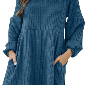 Women’s Long Sleeve Crewneck Dresses Solid Color Ribbed Casual Knit Sweater Dress Winter Loose Swing Midi Dress Women’s Long Sleeve Crewneck Dresses Solid Color Ribbed Casual Knit Sweater Dress Winter Loose Swing Midi Dress