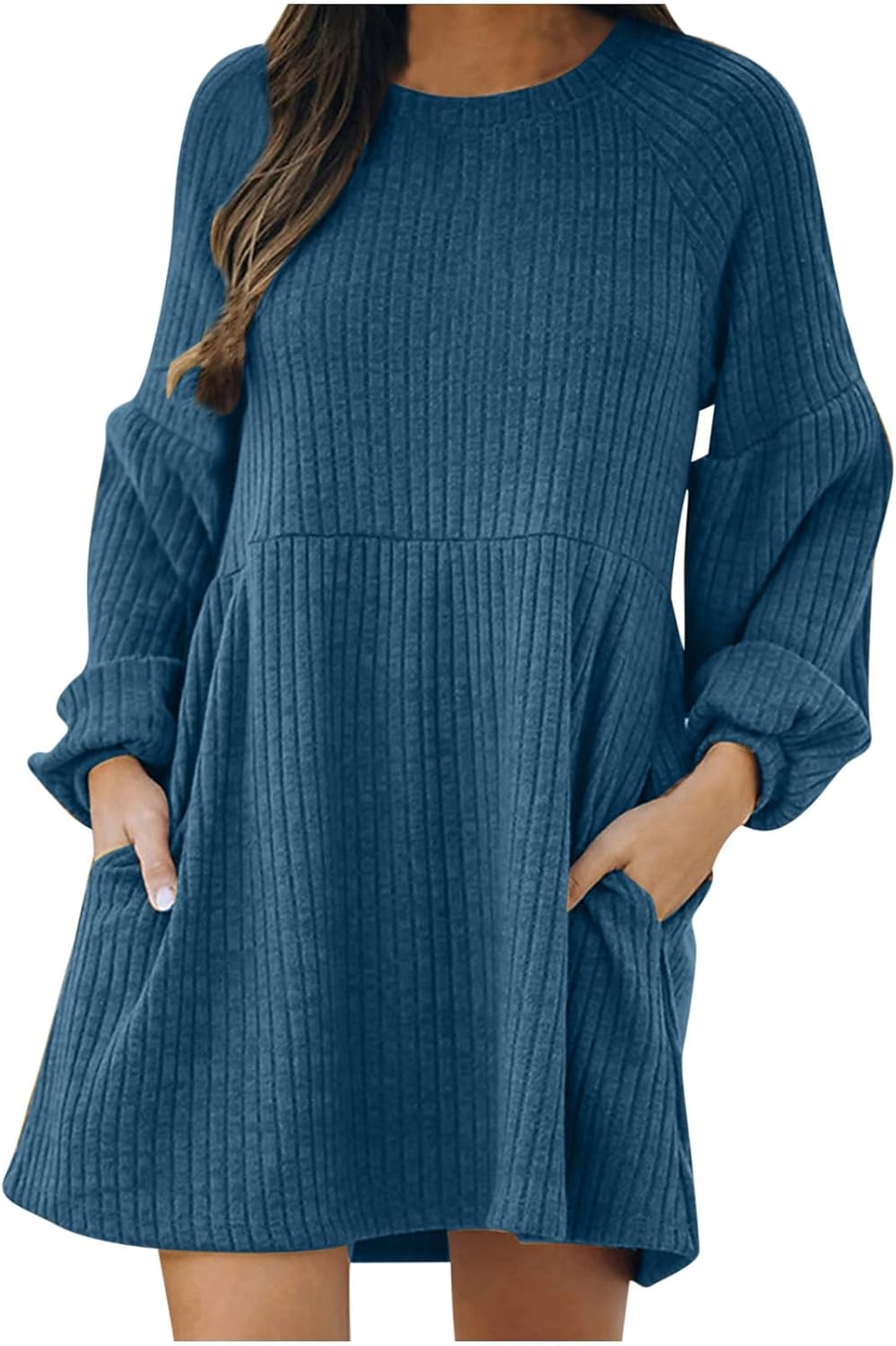 Women’s Long Sleeve Crewneck Dresses Solid Color Ribbed Casual Knit Sweater Dress Winter Loose Swing Midi Dress