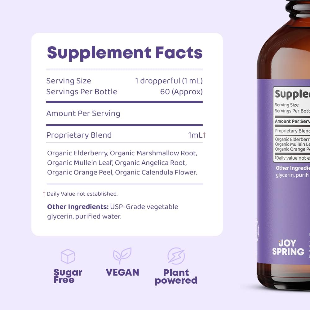 JoySpring Gotas naturales de saúco para niños para ayudar a la función inmunológica y multivitamínico diario con raíz de bardana y baya de saúco