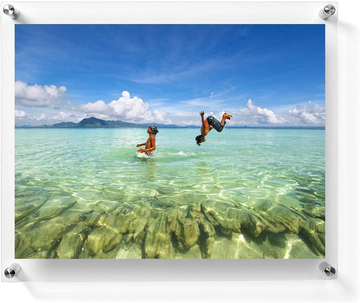 Marco de fotos acrílico flotante de 6 x 8 pulgadas con soporte cromado, doble panel de montaje en pared, marco de fotos para fotos de hasta pulgadas