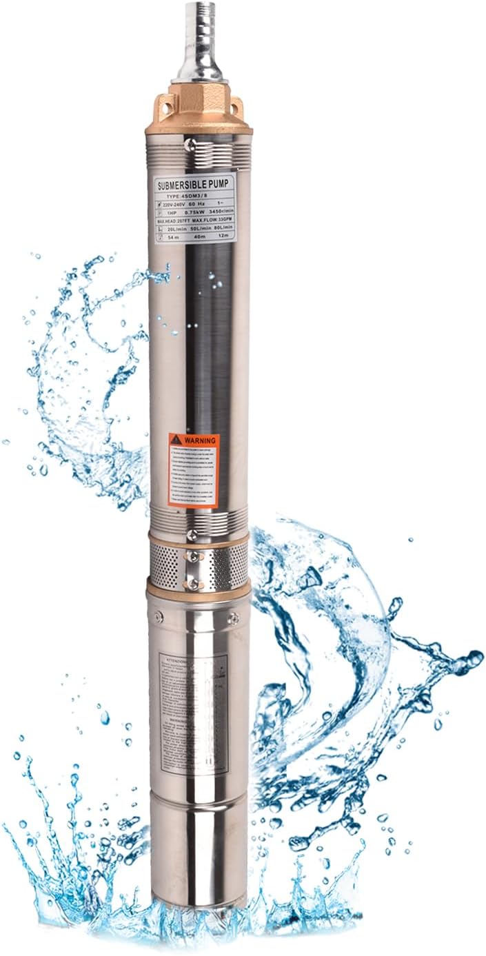 Bomba sumergible de pozo profundo 1HP, 220 V60 Hz, 33 GPM, cabeza de 207 pies, acero inoxidable con cable de 9.8 pies, bombas de agua de acero