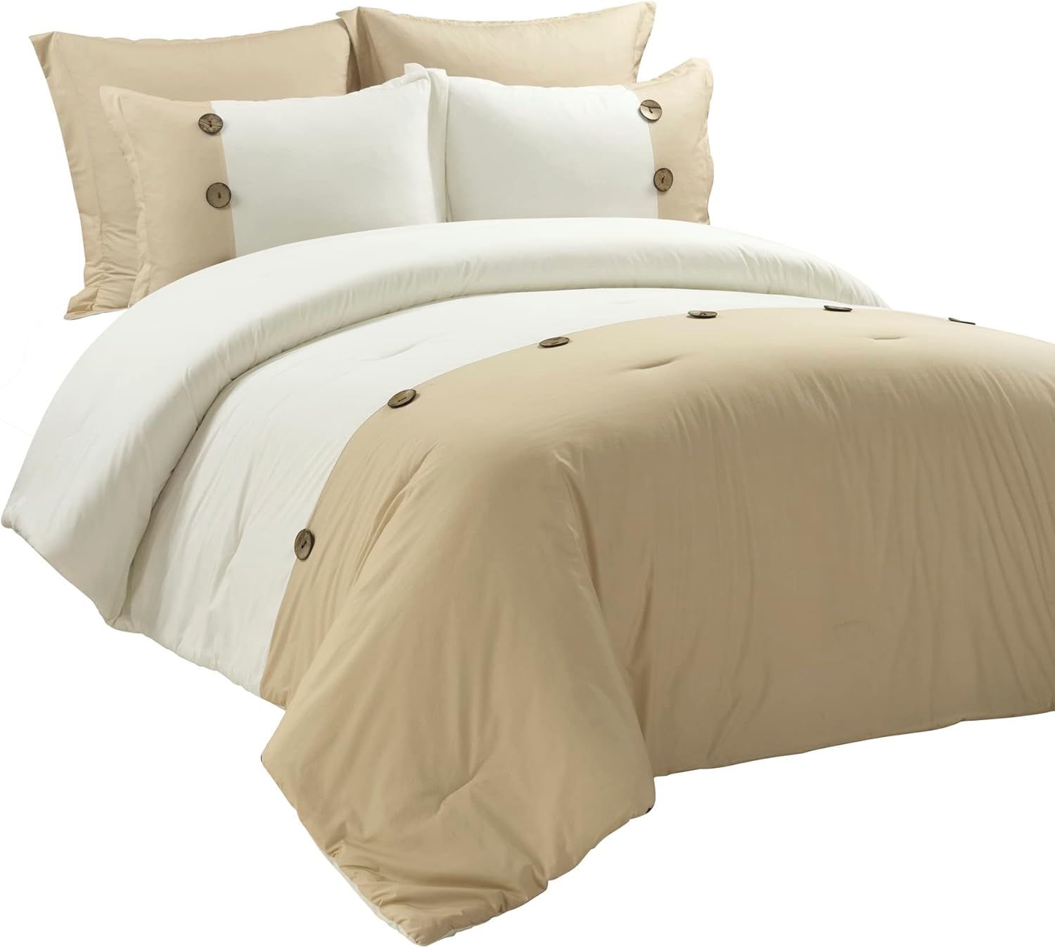 Lush Decor Juego de edredón de 5 piezas con botones de lino, tamaño matrimonialqueen, ropa de cama rústica y elegante con fundas europeas, diseño