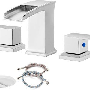 gotonovo Grifo de lavabo de baño de cascada generalizada, doble asa, cromo pulido, grifo de mezcla de 8 pulgadas con mangueras de suministro de agua gotonovo Grifo de lavabo de baño de cascada generalizada, doble asa, cromo pulido, grifo de mezcla de 8 pulgadas con mangueras de suministro de agua