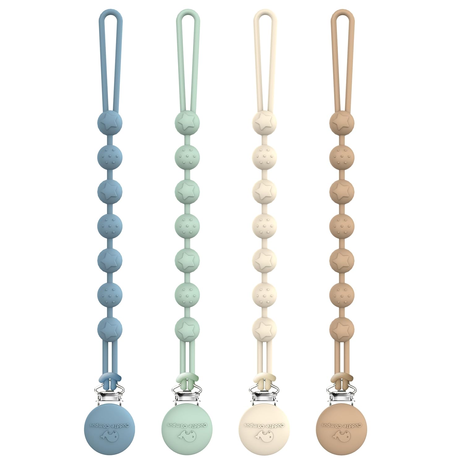 Cuddle Campus Soporte de clip de silicona para chupete con diseño de una pieza, paquete de 4 clips suaves y flexibles con textura para bebé niño y