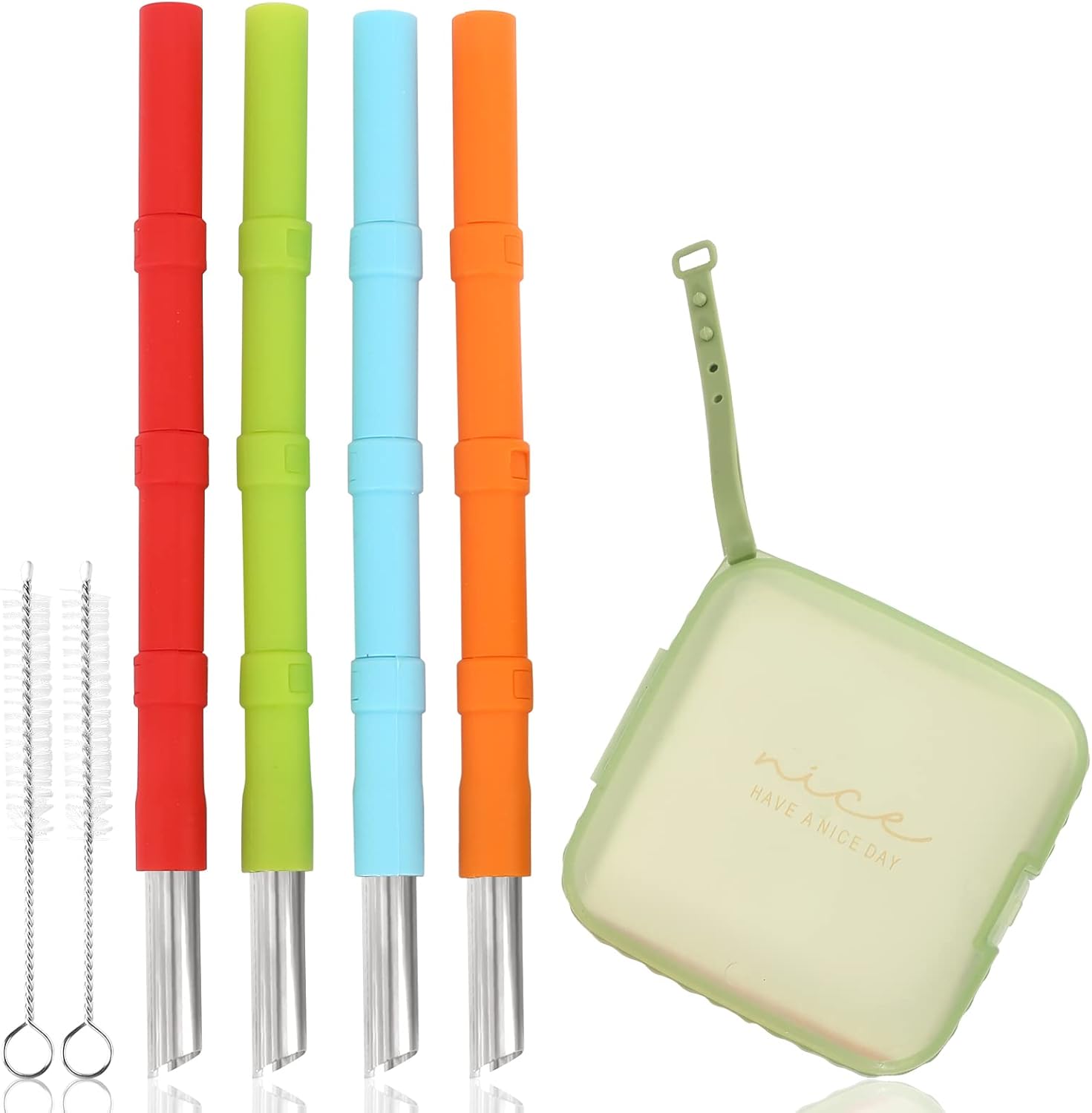 Pajitas de silicona reutilizables, 4 popotes de viaje empalmables con cepillo de limpieza de estuche, popotes de silicona de longitud ajustable para