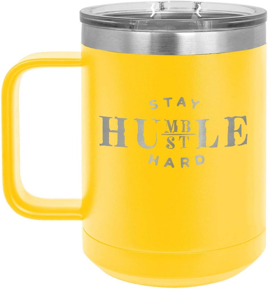 Stay HuMBLE HUSTLE DURO Taza de café de 15 onzas con tapa superior deslizante  Taza de café de viaje aislado  Ideas de regalo de cumpleaños o