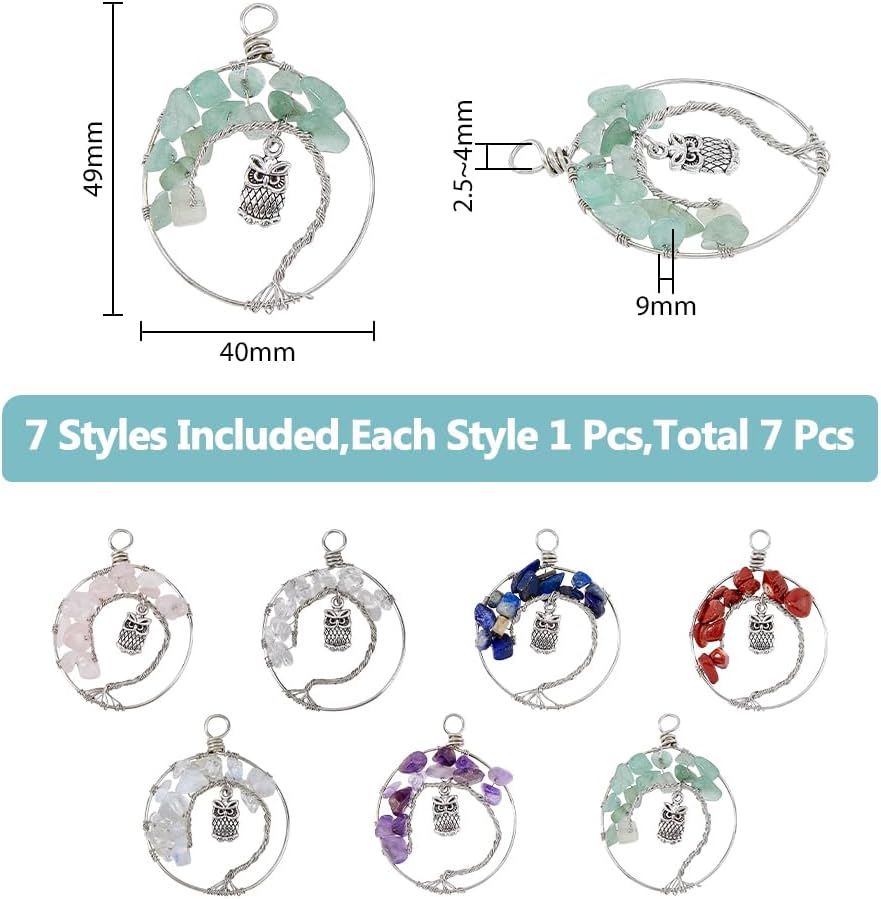SUPERFINDINGS Dijes colgantes de aleación, colgante de árbol de la vida, alambre de cobre, colgante de cuentas de piedras preciosas de cristal,