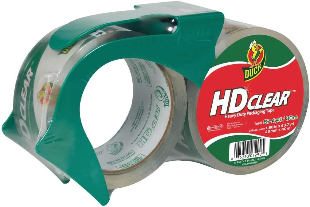 Duck Cinta de embalaje transparente HD de marca transparente hasta el núcleo 1.88 pulgadas x 43 yardas (transparente)  paquete de 2 + con dispensador