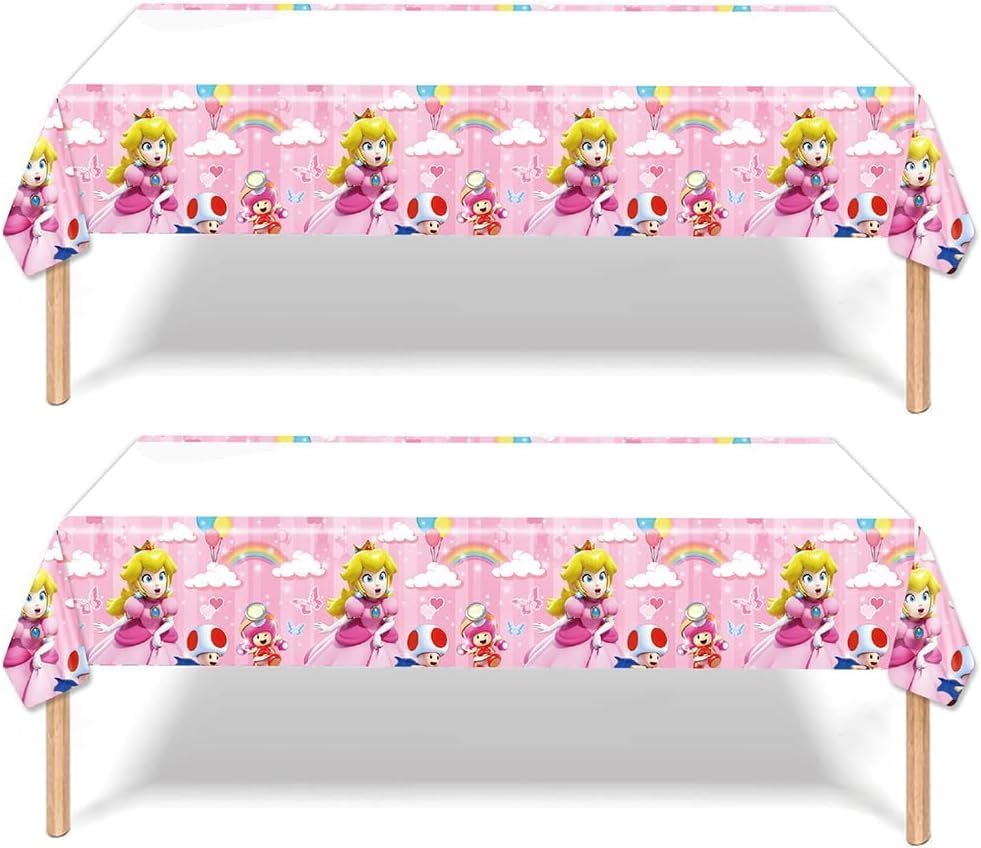 Fuyhiuous 2 paquetes de manteles desechables de princesa melocotón, suministros y decoraciones para fiestas de cumpleaños, mesas rectangulares para