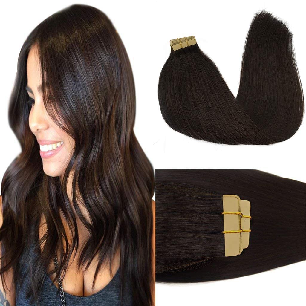 GOO GOO Extensiones de cabello humano con cinta, 2 marrón oscuro, 18 pulgadas, 1.76 onzas, 20 unidades, puntas gruesas, lacio, sin costuras,