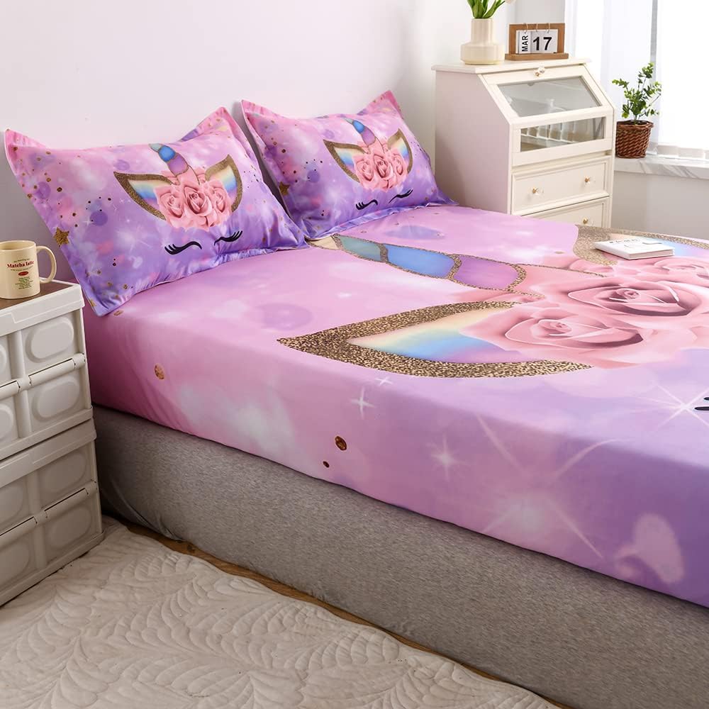 qjmiaofang Juego de sábanas de unicornio tamaño individual, juego de sábanas bajeras de unicornio rosa de 2 piezas para niños y niñas, juego de