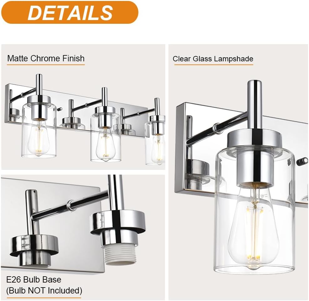 VINLUZ Iluminación de baño moderna con pantalla de vidrio transparente Lámparas de tocador de 4 luces Apliques industriales de pared con acabado