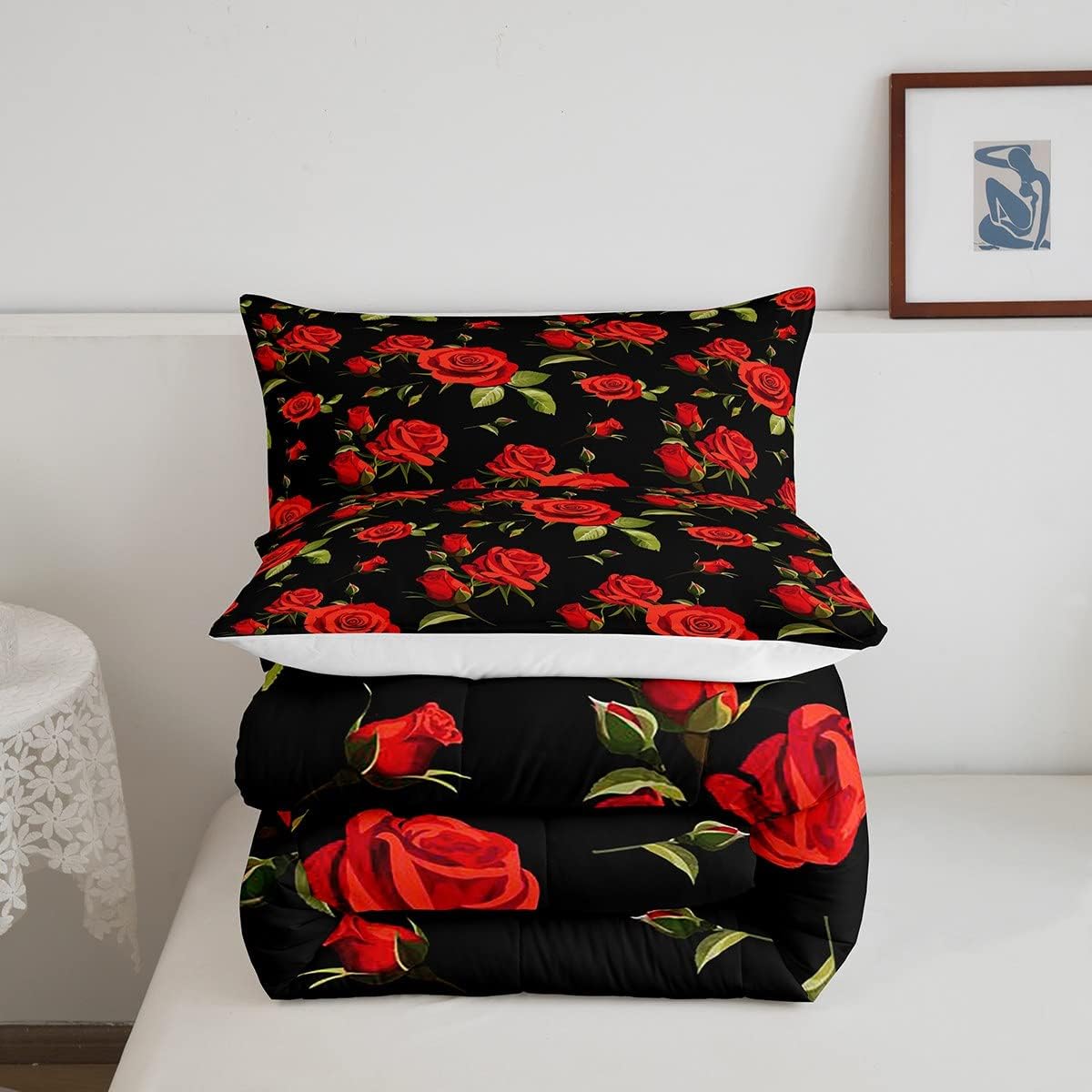 Erosebridal Juego de ropa de cama para mujer, diseño de flores rojas, tamaño individual, edredón acolchado con flores románticas de San Valentín,