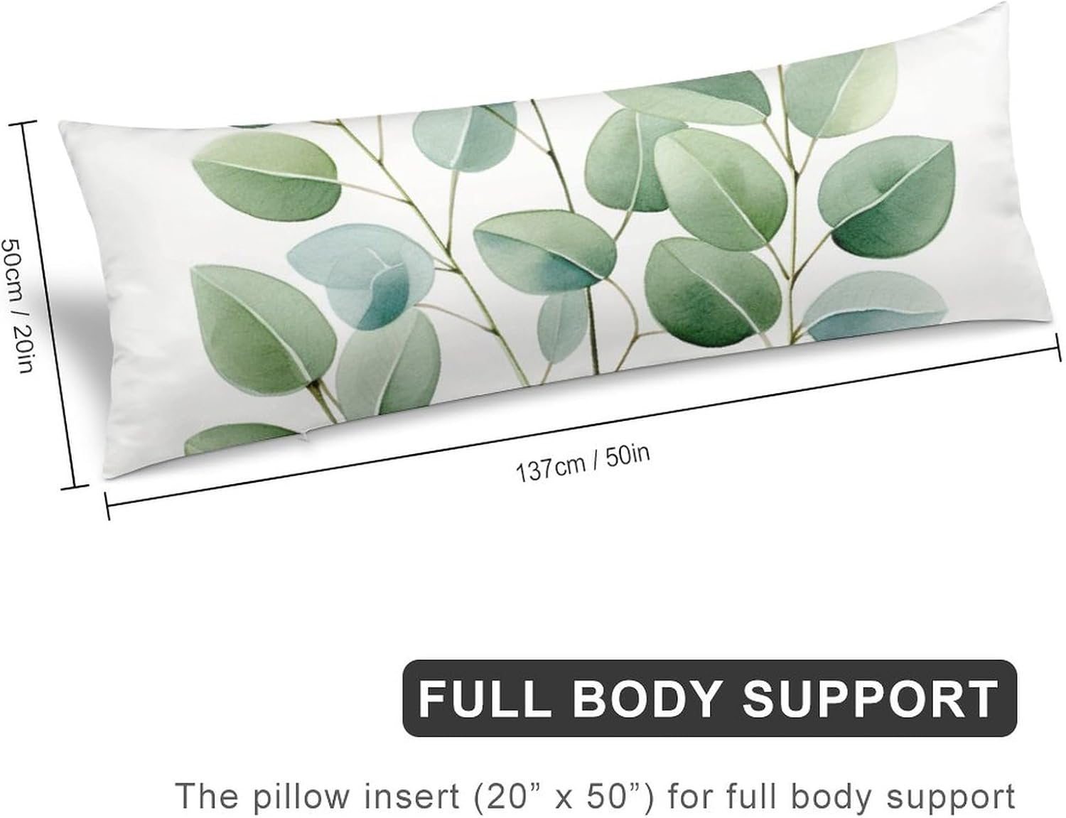 Funda de almohada corporal con cremallera, diseño de eucalipto de temporada, hojas de plantas verdes, con cremallera, diseño rústico, acuarela,