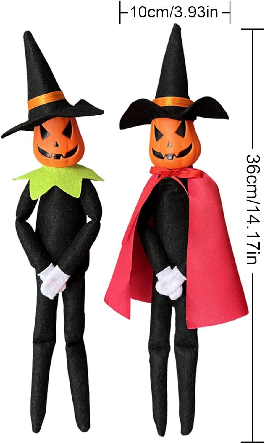 Muñeco de peluche de calabaza de Halloween de 14 pulgadas, hecho a mano con sombrero negro, guantes blancos, vestidos y capa para Halloween y