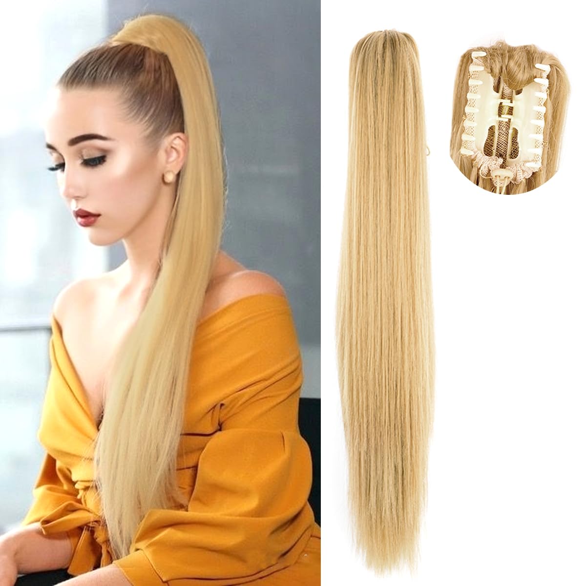 Extensiones de cabello falso largo y lacio, con clip de garra, para mujer, 22 pulgadas, 4.33 ozpaquete, extensiones de cabello de fibra sintética de