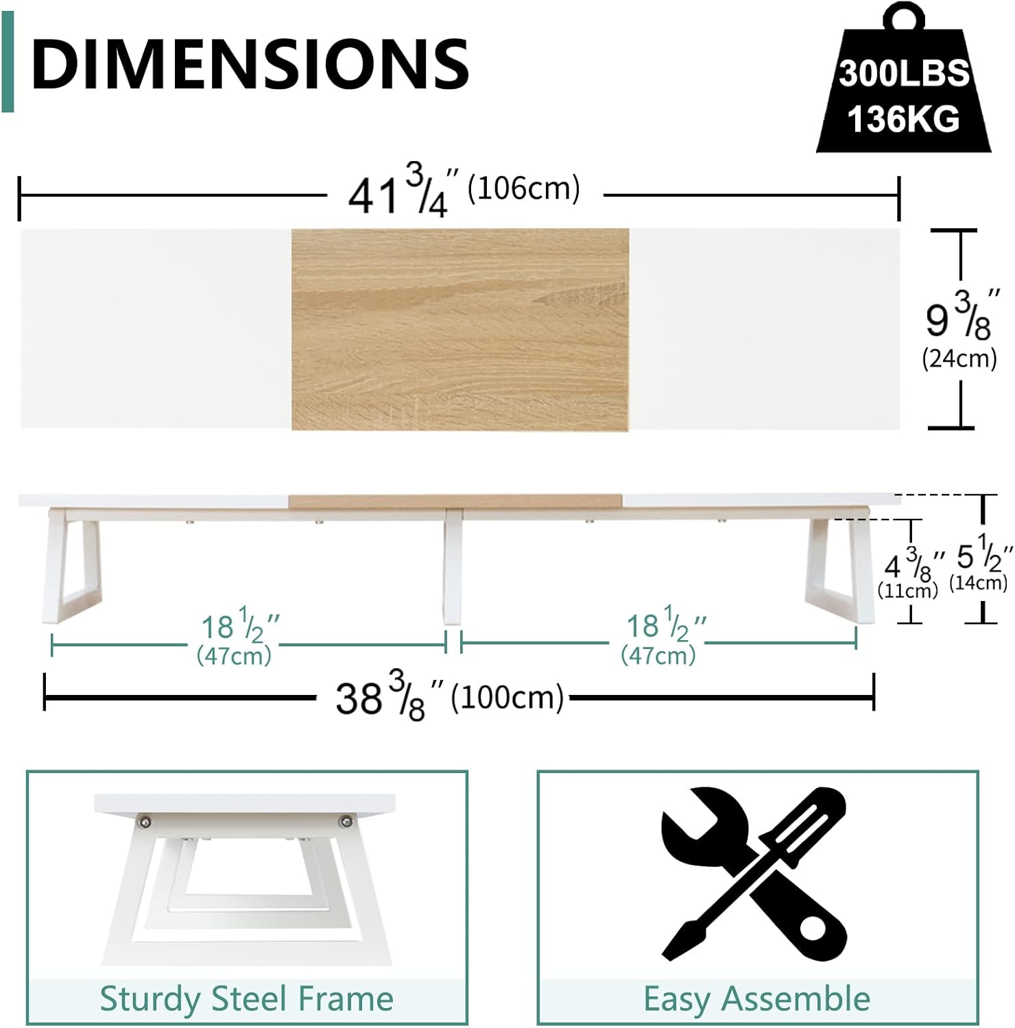MARTY Soporte de monitor doble blanco de 42 pulgadas de largo, elevador de monitor de madera para 2 monitores, elevador de TV con patas de metal,