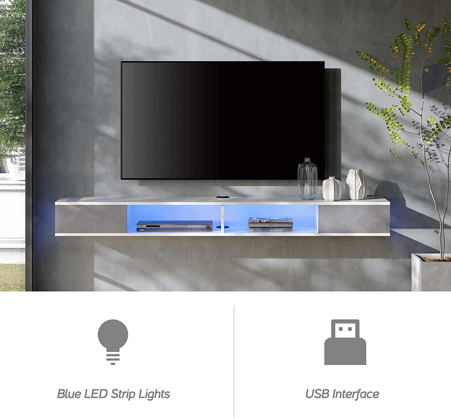 WAMPAT Soporte flotante para TV con 16 luces RGB, centro de entretenimiento flotante de 70 pulgadas de hasta 80 pulgadas, montado en la pared debajo