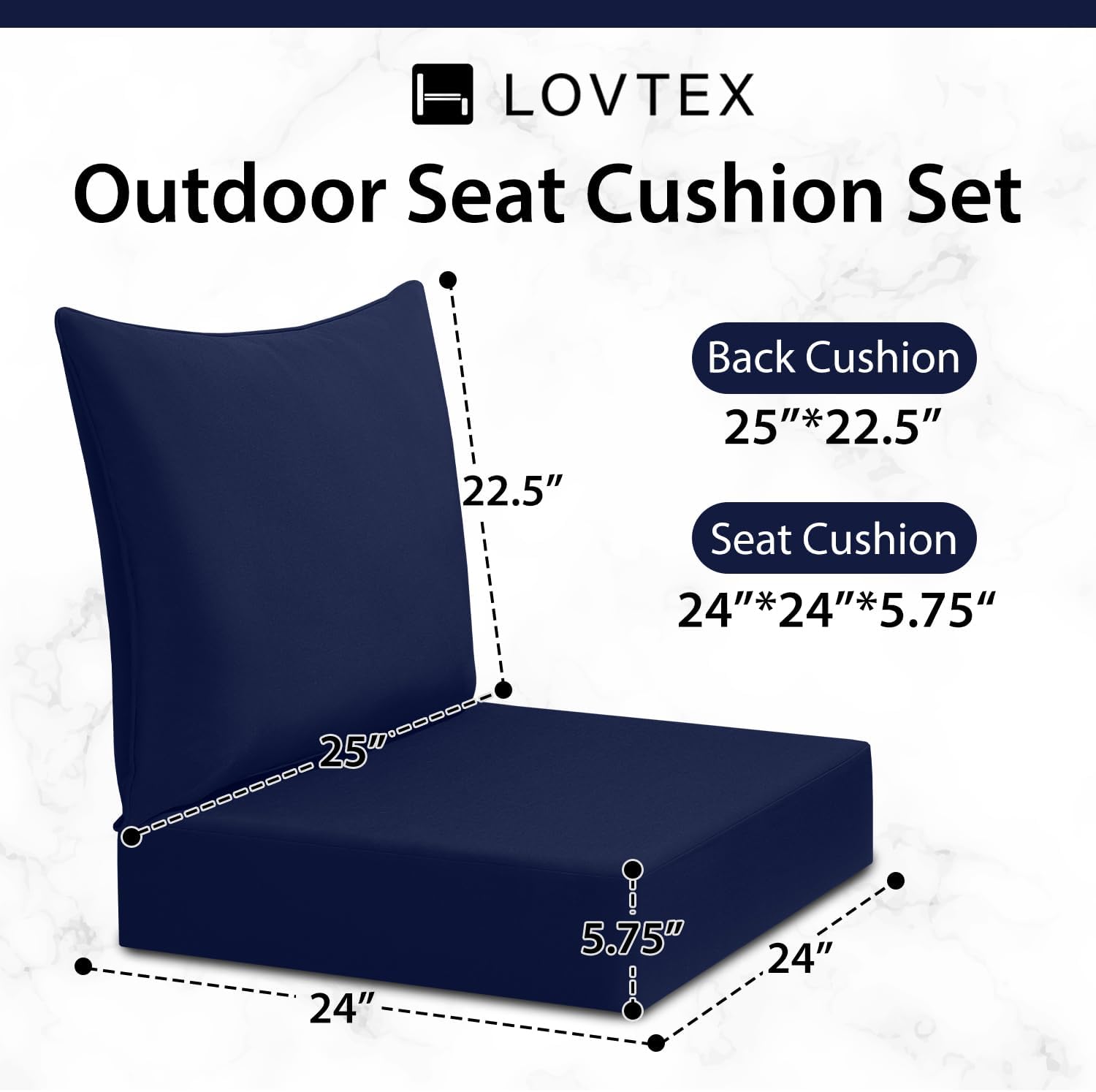 LOVTEX Juego de cojines de asiento profundo para exteriores, resistentes al agua, 24 x 24 pulgadas, cojines para sillas de patio para muebles de