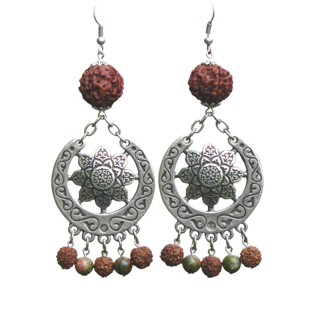 Mandala Earrings with Rudraksha Beads and Unakite Stones – Handmade, Shakti flower, Real 5 Mukhi Rudraksh Seed, Saraswati Festival Jewelry, Hippie