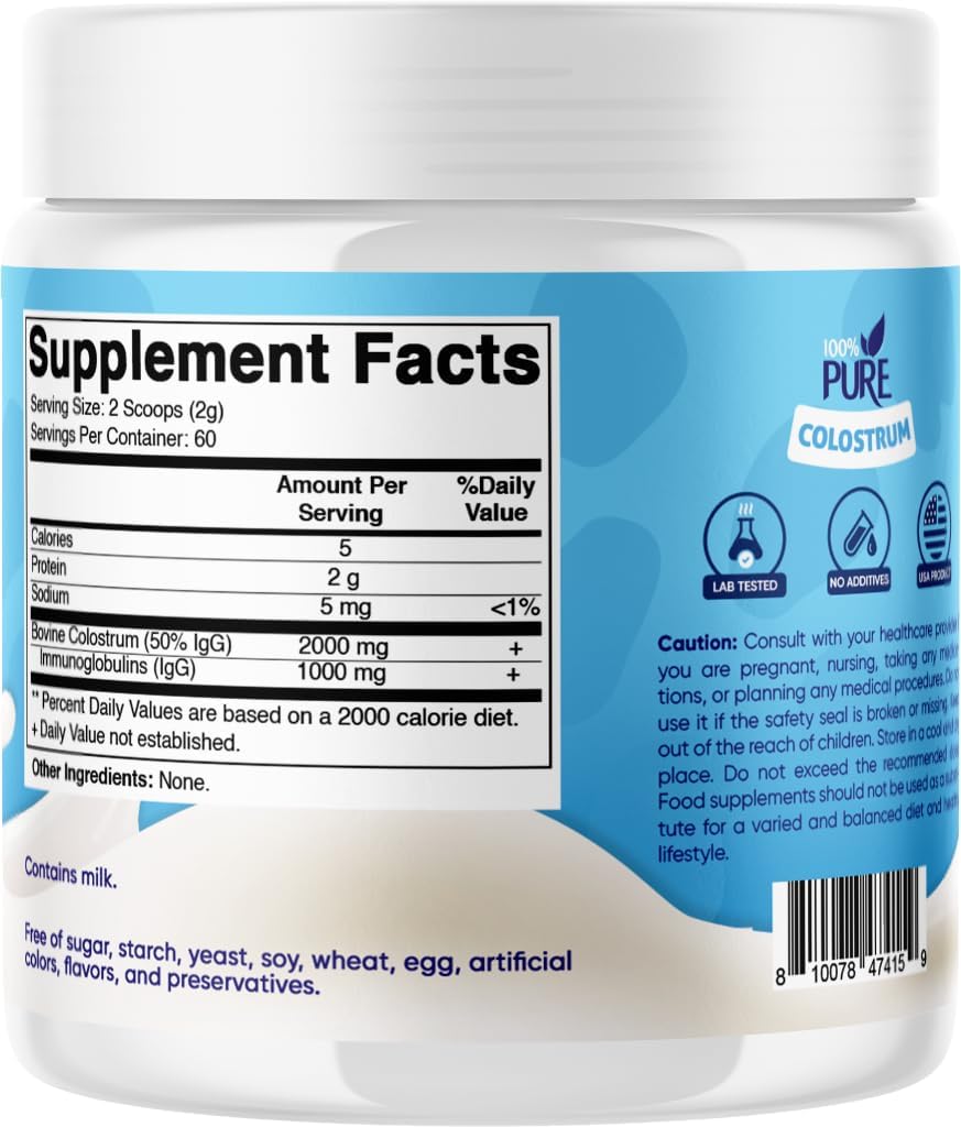 Vitamatic Polvo de calostro bovino  50% más alto de IgG  Suplemento para la salud intestinal, crecimiento del cabello, belleza, recuperación