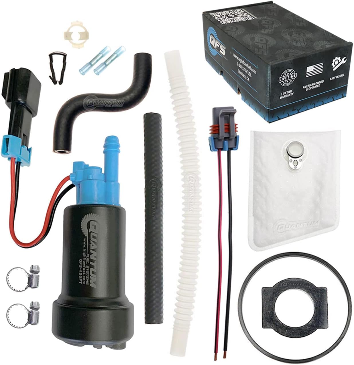 Quantum 450LPH E85 – Bomba de combustible en tanque compatible con kit de instalación + manguera flexible de repuesto para Ford Mustang (1986-1997)