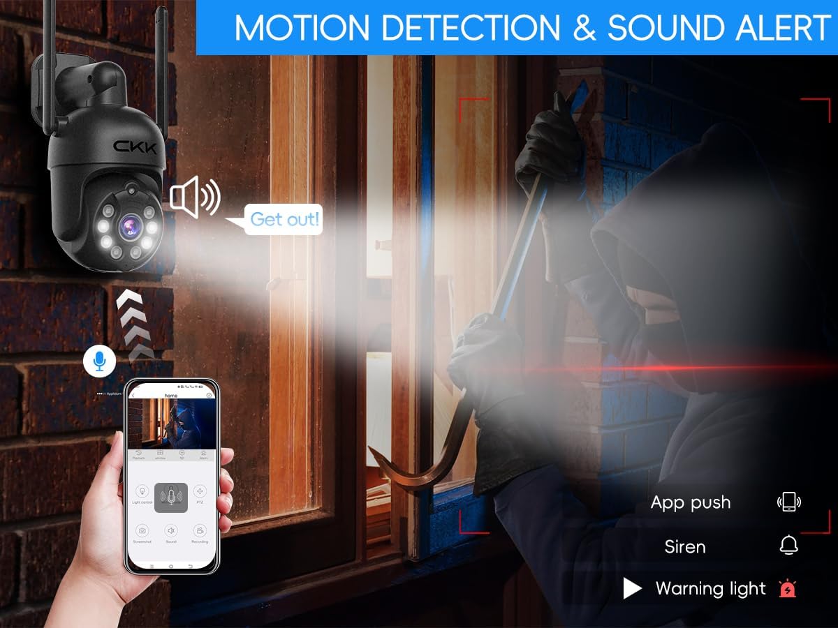 CKK Cámara de seguridad 2K con visión nocturna a color para exteriores, cámaras PTZ inalámbricas para detección humana con IA en el hogar y