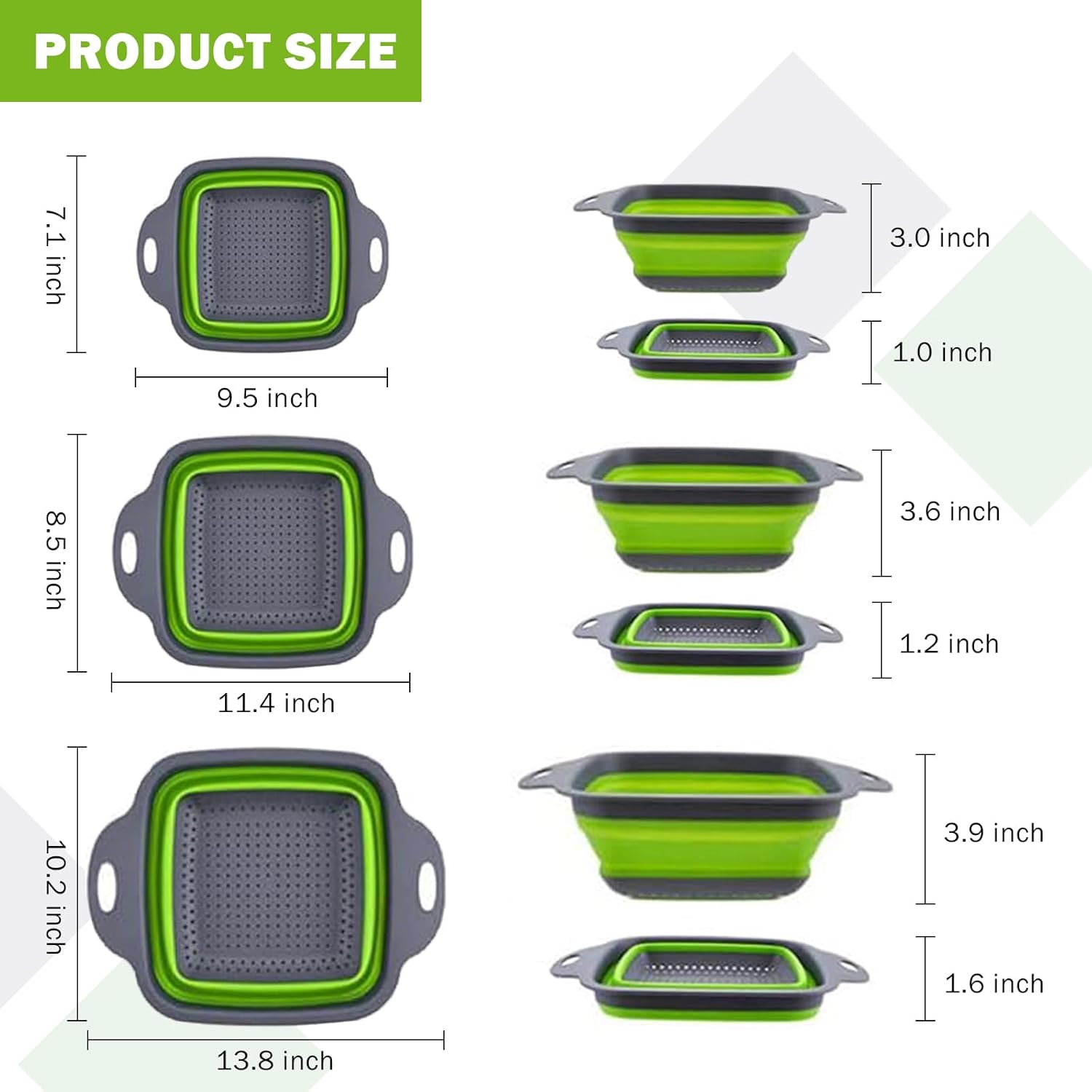 3 coladores plegables de silicona, colador plegable KEKIMO con 9.5 pulgadas, 11.4 pulgadas y 13.8 pulgadas, ideal para drenar pasta, verduras y