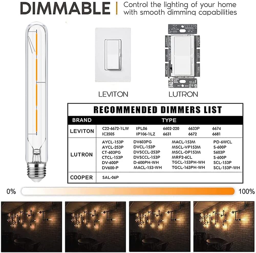 Bombillas LED largas T10, bombilla tubular regulable de 4 W, equivalente a 40 vatios, bombilla de filamento LED vintage estilo Edison E26, 3000 K,