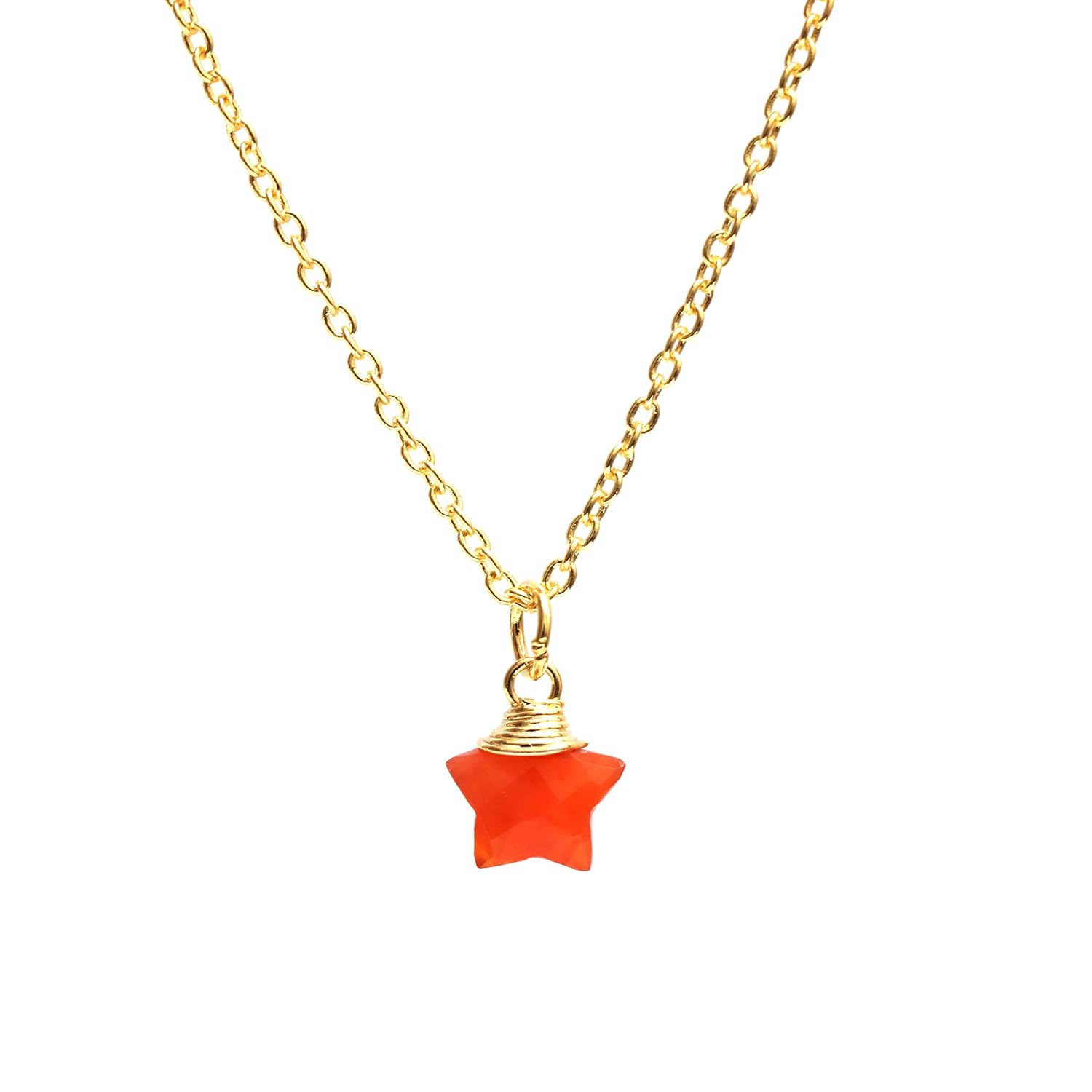 Gempires Natural Carnelian Star Pendant Necklace Handmade Jewelry 14k Yellow Gold Plated 16 + 2 Inch Adjustable Chain (Carnelian)