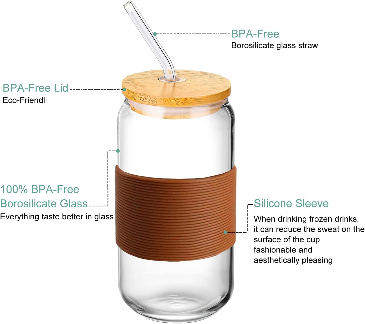 4pcs Set glass cups with Bamboo Lid And Straw – 16oz Can Shaped Drinking Glass Set, Iced Coffee Mug, Cute Tumbler Cup, Whiskey, Cocktail, Water-