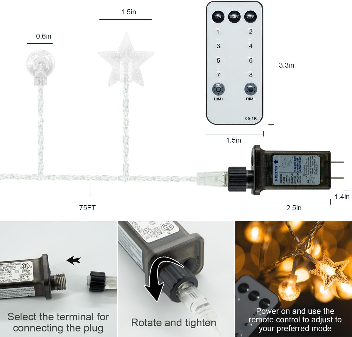 BiteBoom Cadena de luces LED de alta calidad con 100 bolas de burbujas y 100 estrellas, impermeable y duradera, 8 modos de iluminación, función de