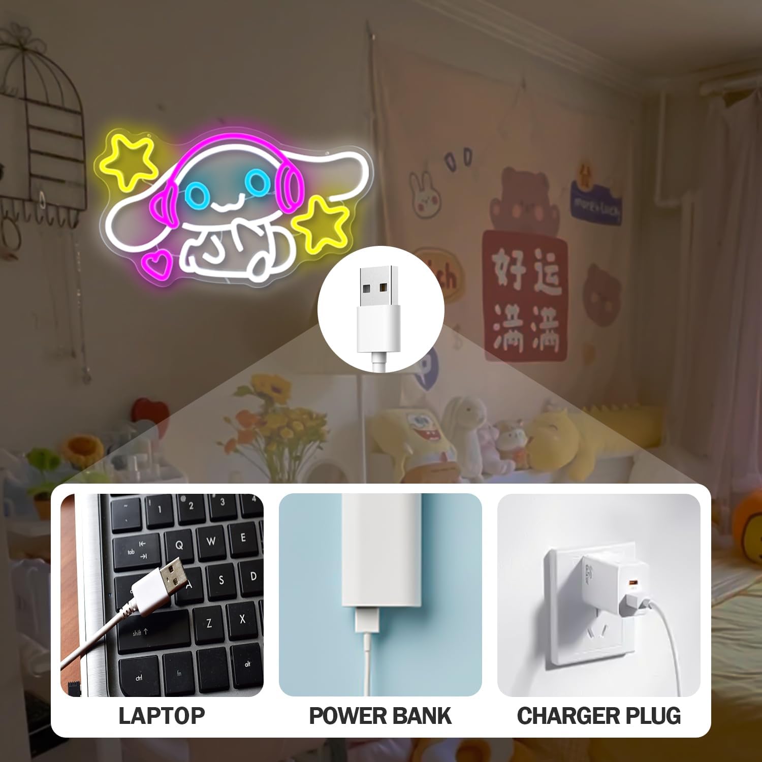 Cinnamoroll – Letrero de neón con luz de neón de anime para decoración de pared, letreros LED de dibujos animados para dormitorio, habitación de